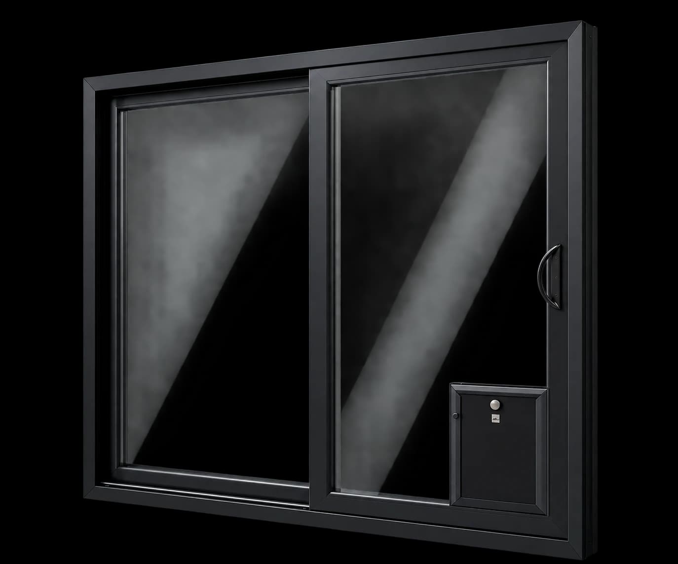 Black sliding glass patio door with a pet door built into the lower corner of the sliding panel